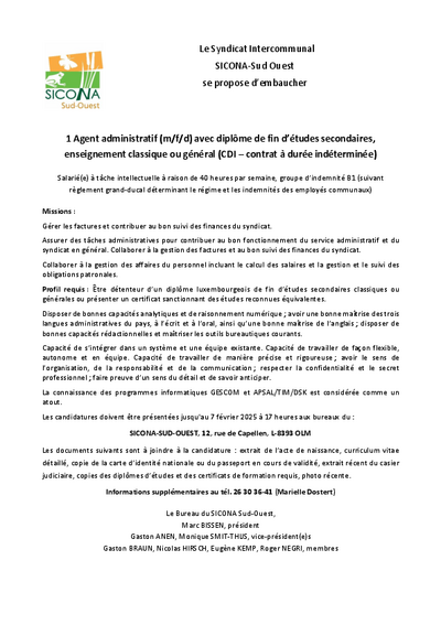 Sicona recrute 1 agent administratif (m/f/d) avec diplôme de fin d’études secondaires