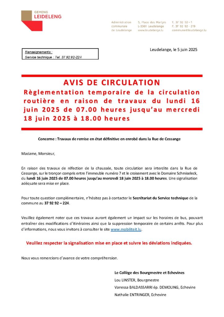 Avis de Circulation – Rue de Cessange