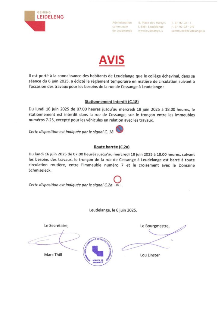 Rue de Cessange – Stationnement interdit