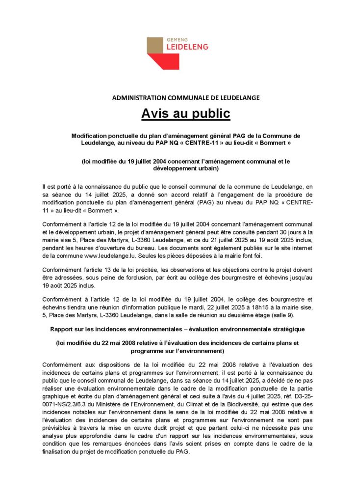 Avis au public / MOPO PAG de la Commune de Leudelange, au niveau du PAP NQ « CENTRE-11 » au lieu-dit « Bommert »