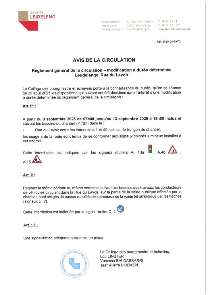Avis de circulation – Rue du Lavoir