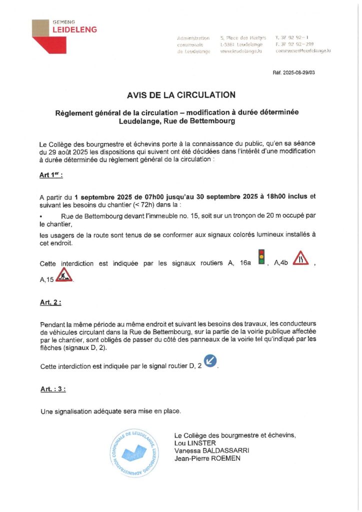 Avis de circulation – Rue de Bettembourg