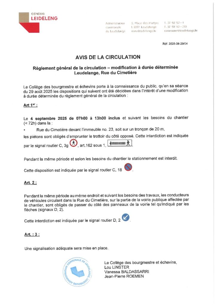 Avis de circulation – Rue du Cimetière