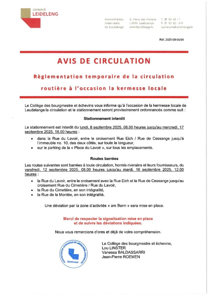 Règlementation temporaire de la circulation routière à l’occasion la kermesse locale