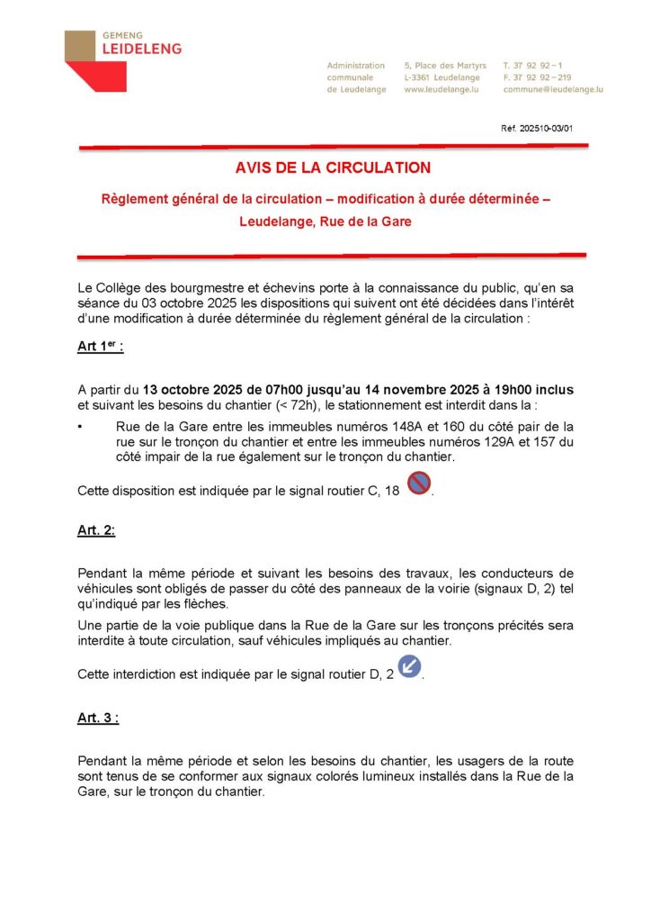 Avis de circulation Rue de la Gare