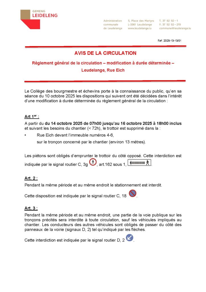 Avis de circulation – Rue Eich
