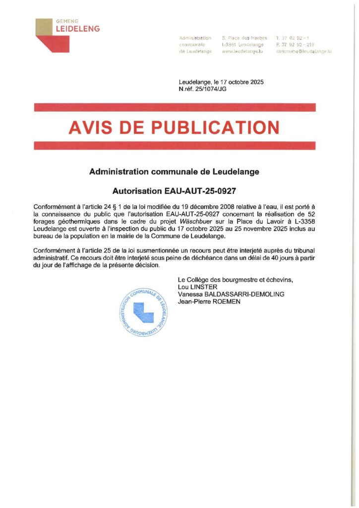 Autorisation EAU-AUT 25-0927 / Wäschbuer