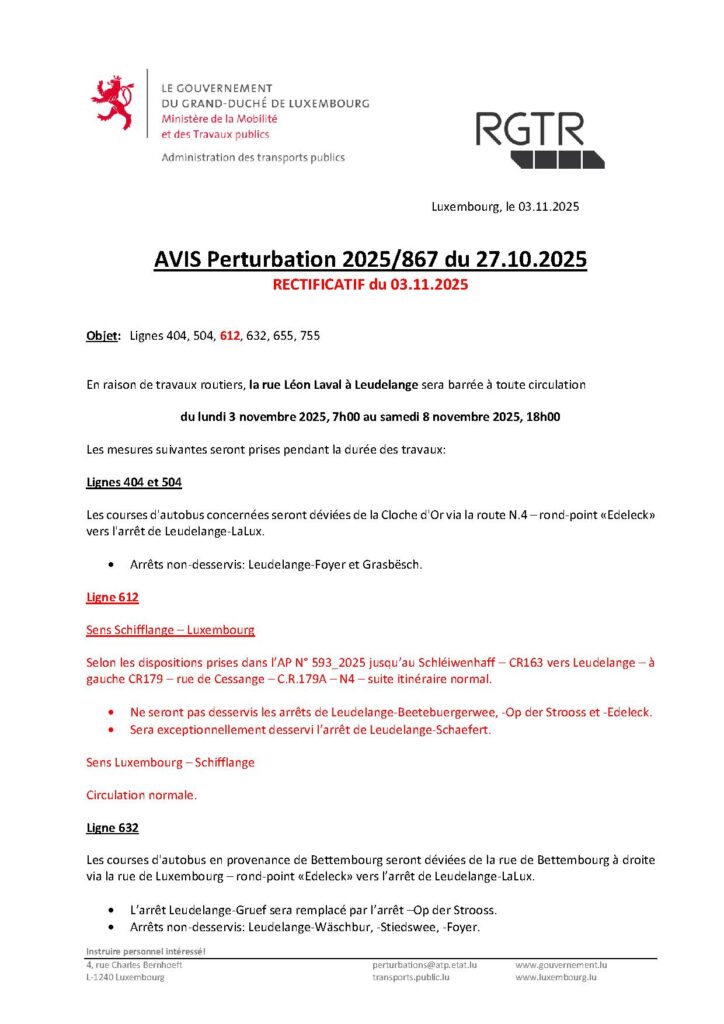 RGTR Avis de Perturbation rue Léon Laval