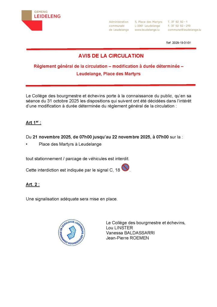 Place des Martyrs (Leudelange) – interdiction de stationnement