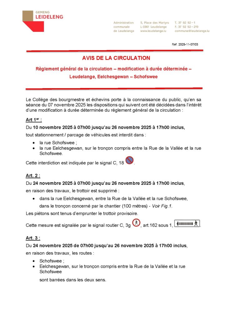 Avis de circulation – Rue Eelchesgewan /  Rue Schofswee