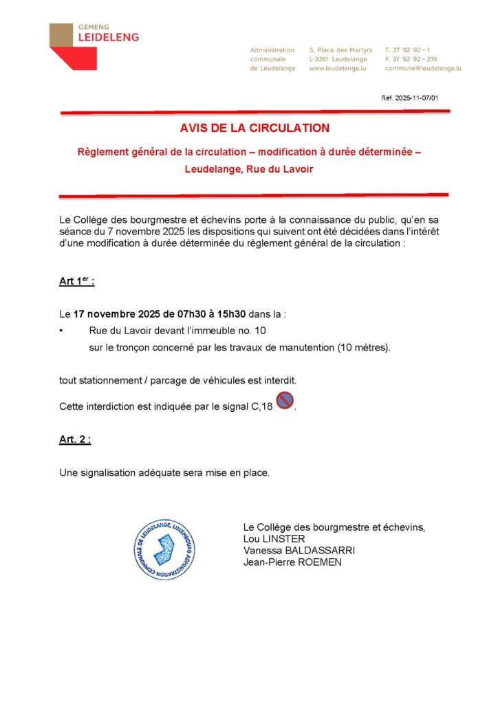 Avis de circulation – Rue du Lavoir