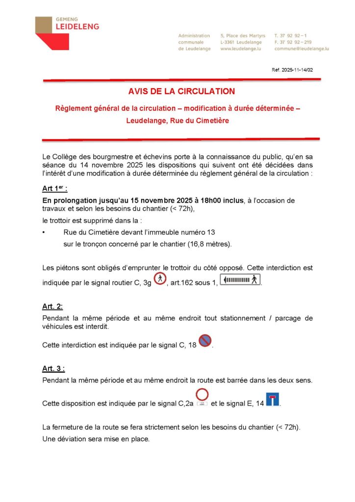 Prolongation des Travaux – Rue du Cimetière