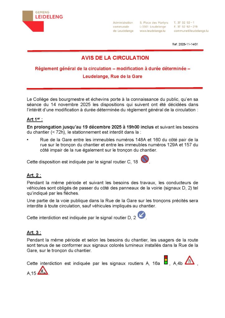 Avis de circulation – Rue de la Gare