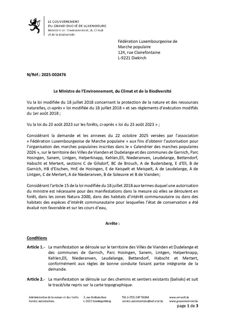 Décision ministérielle – Organisation de marches populaires