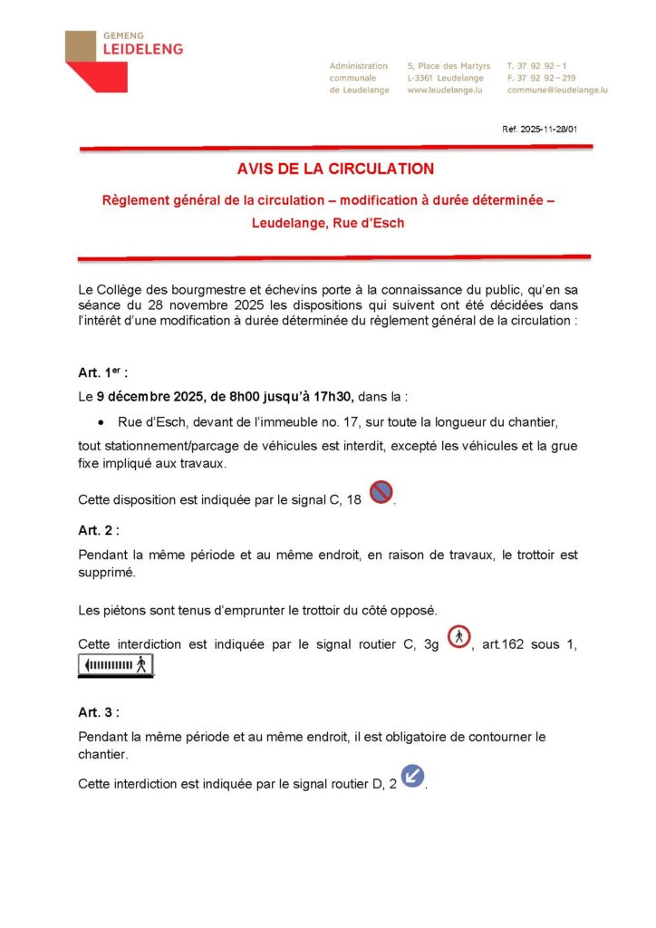 Avis de circulation Rue d&rsquo;Esch