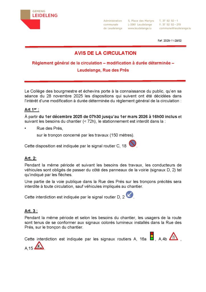 Avis de Circulation Rue des Prés, Leudelange