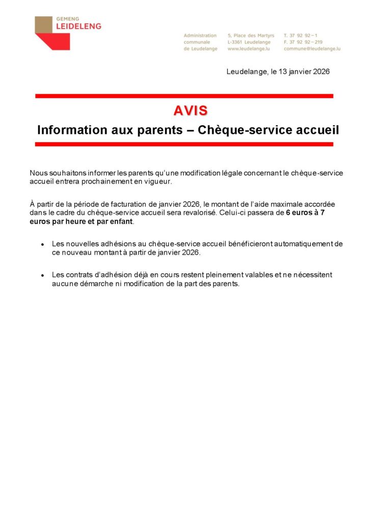 Information aux parents – Chèque-service accueil