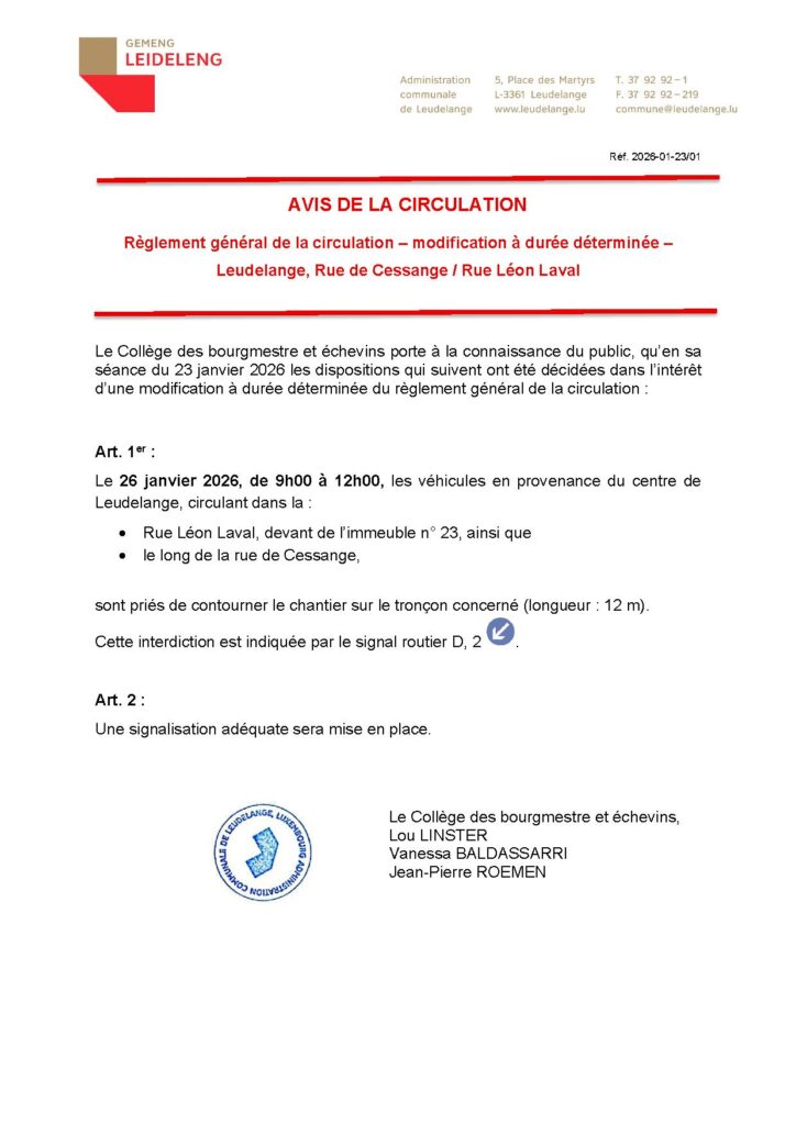 Avis de circulation – Rue de Cessange