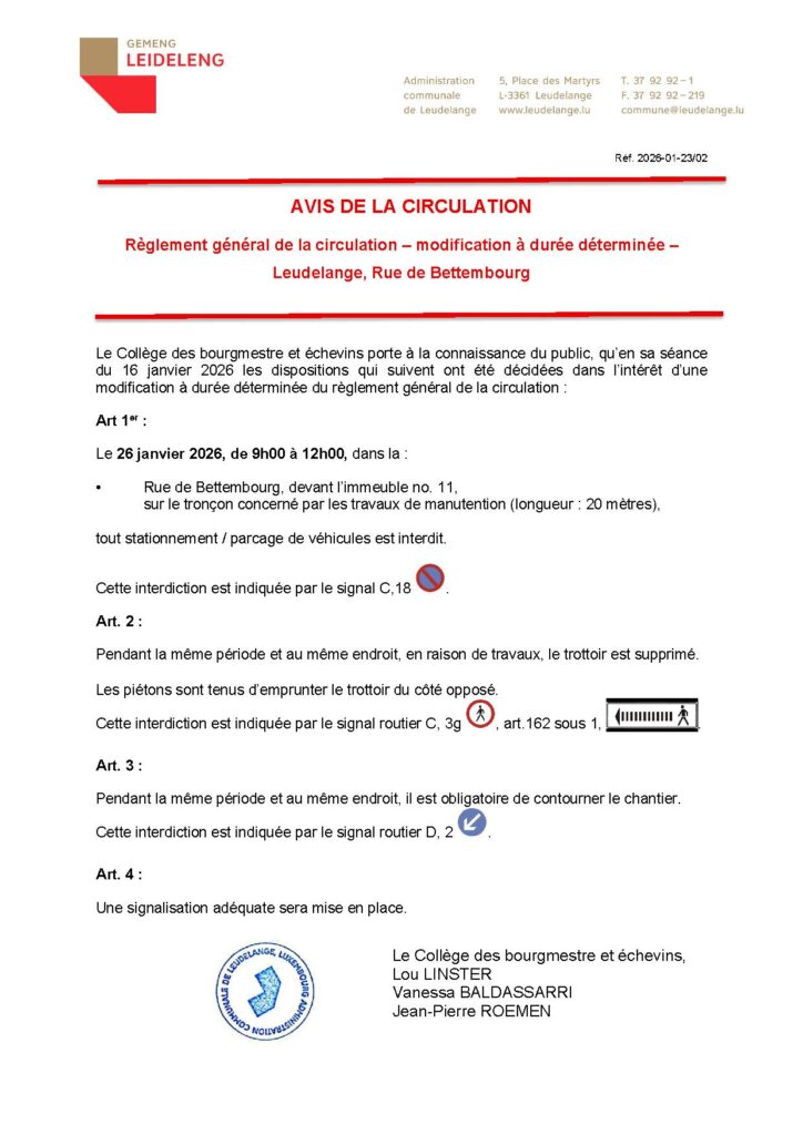 Avis de circulation – Rue de Bettembourg