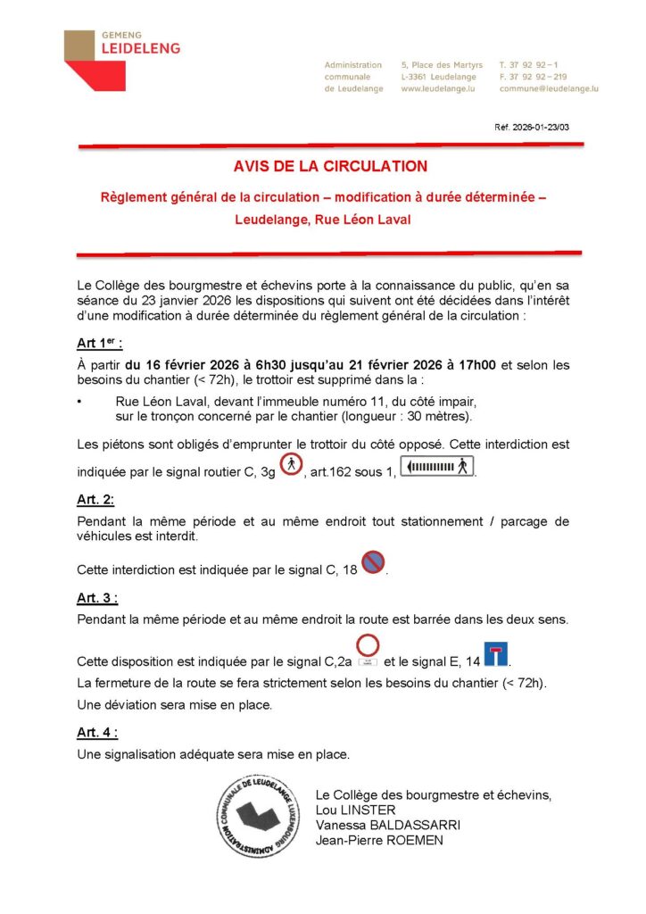 Avis de circulation – Rue Léon Laval