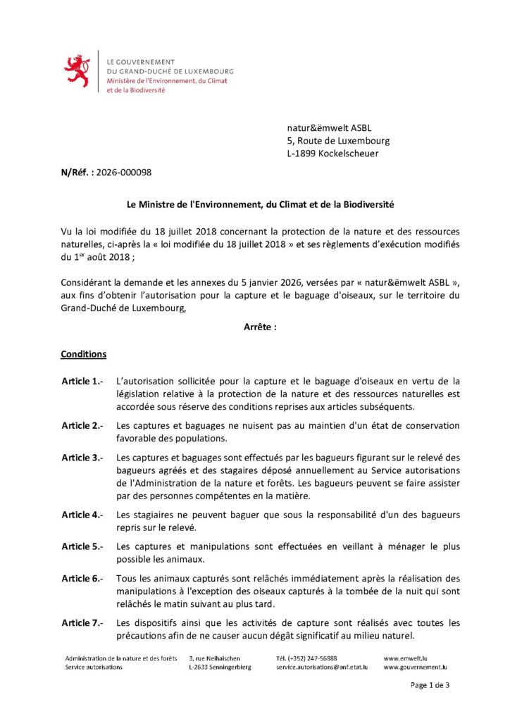 Autorisation pour la capture et le baguage d&rsquo;oiseaux