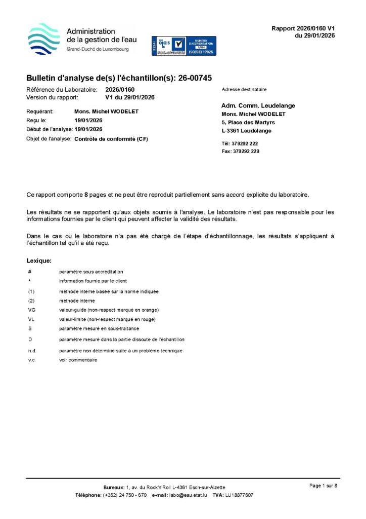 Analyses d&rsquo;eau / Contrôle de conformité V1 du 29/01/2026