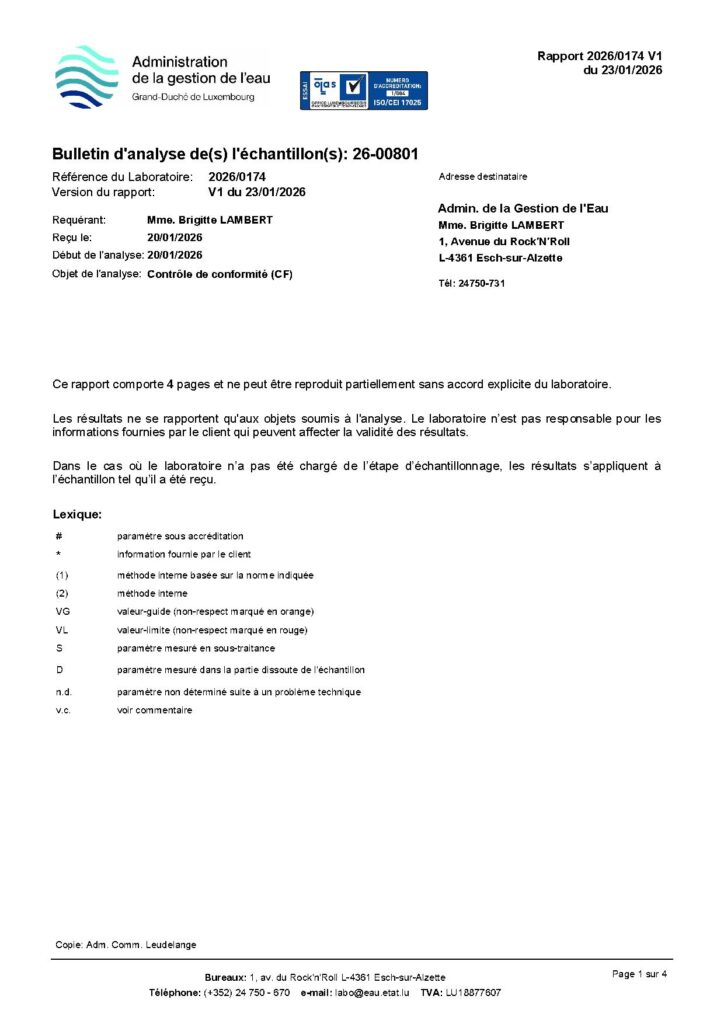 Analyses d&rsquo;eau / Contrôle de conformité V1 du 23/01/2026