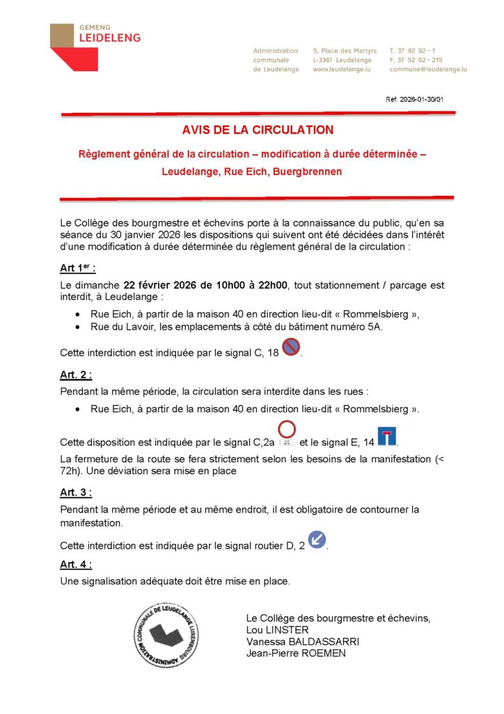 Avis de circulation Rue Eich / Buergbrennen