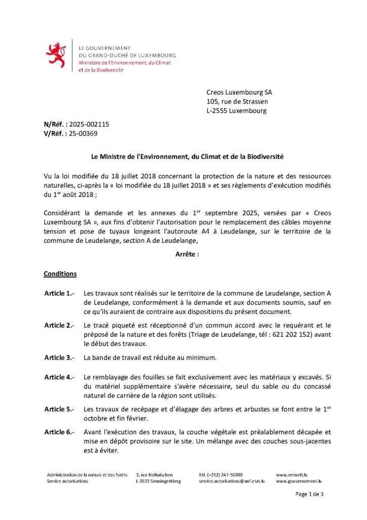 Autorisation – remplacement des câbles moyenne tension et pose de tuyaux