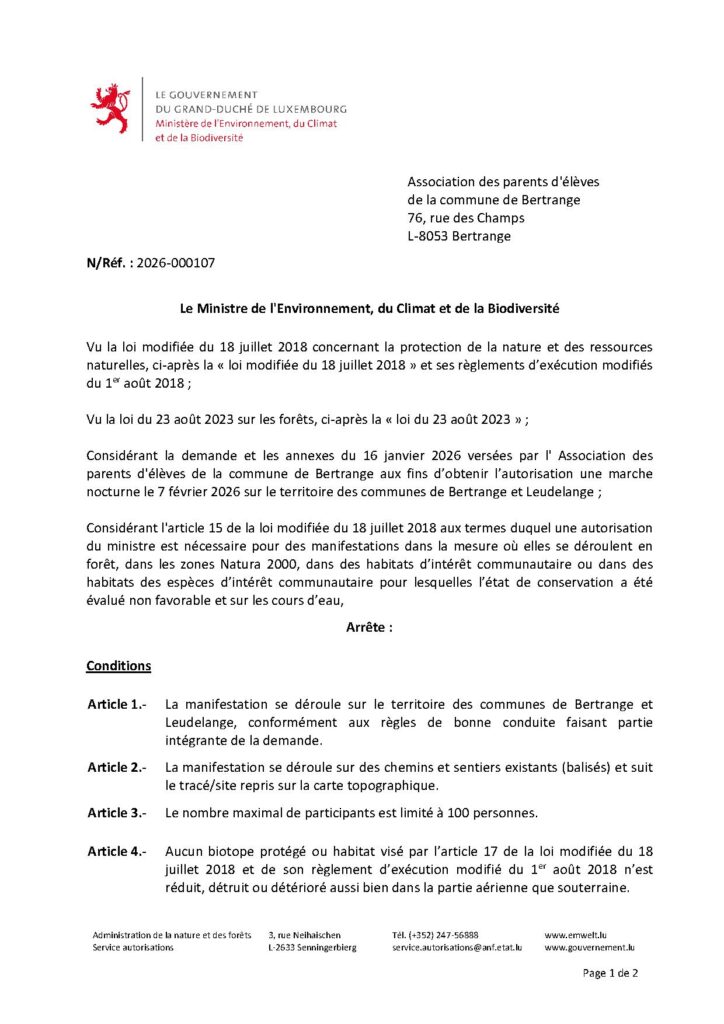 Autorisation – marche nocturne sur le terrain des communes de Bertrange et Leudelange