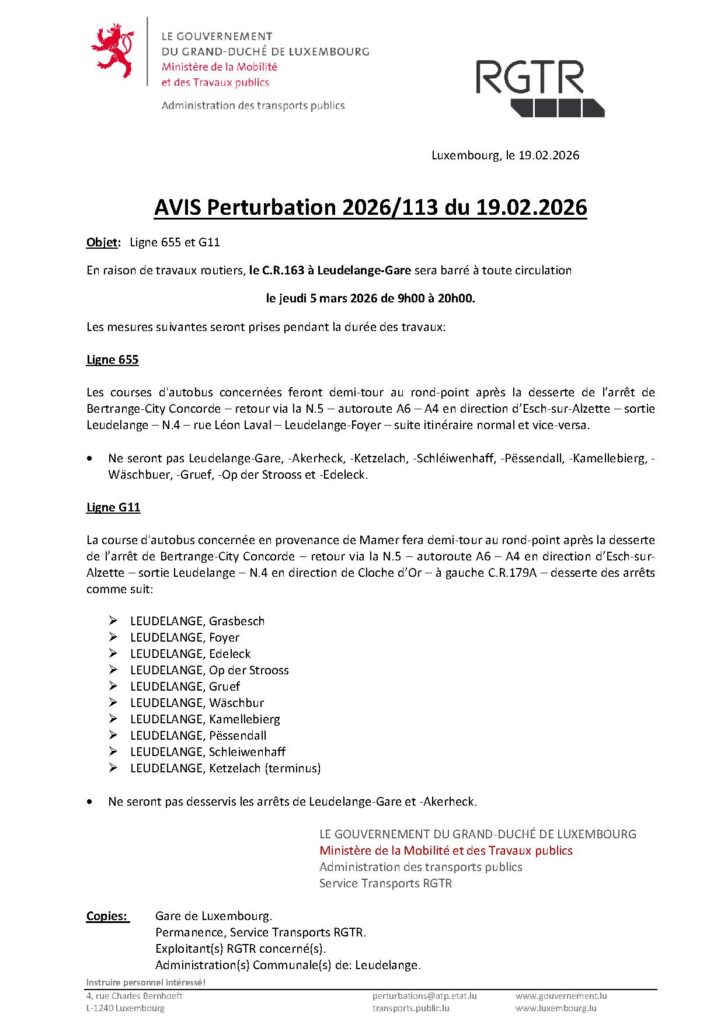 Avis Leudelange-Gare barré à toute la circulation