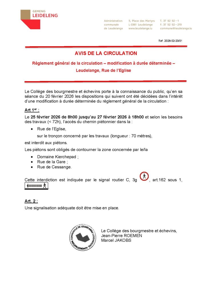 Avis de circulation – Rue de l&rsquo;Église