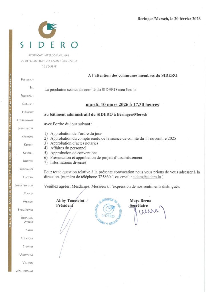 Prochaine séance du comité du SIDERO