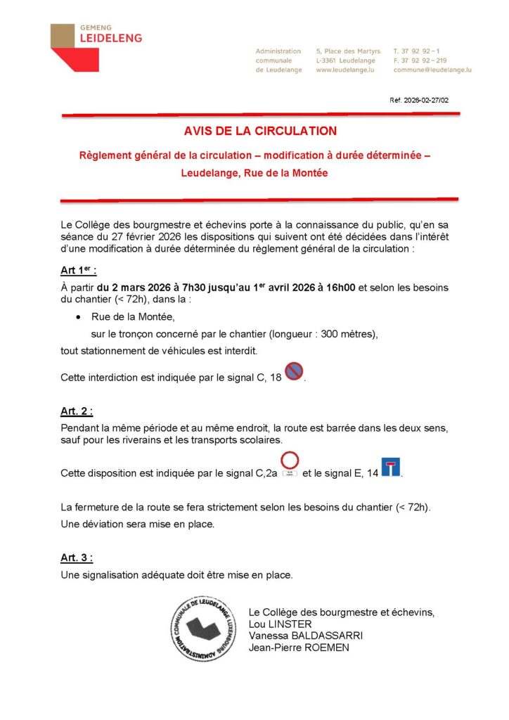 Avis de circulation – Rue de la Montée