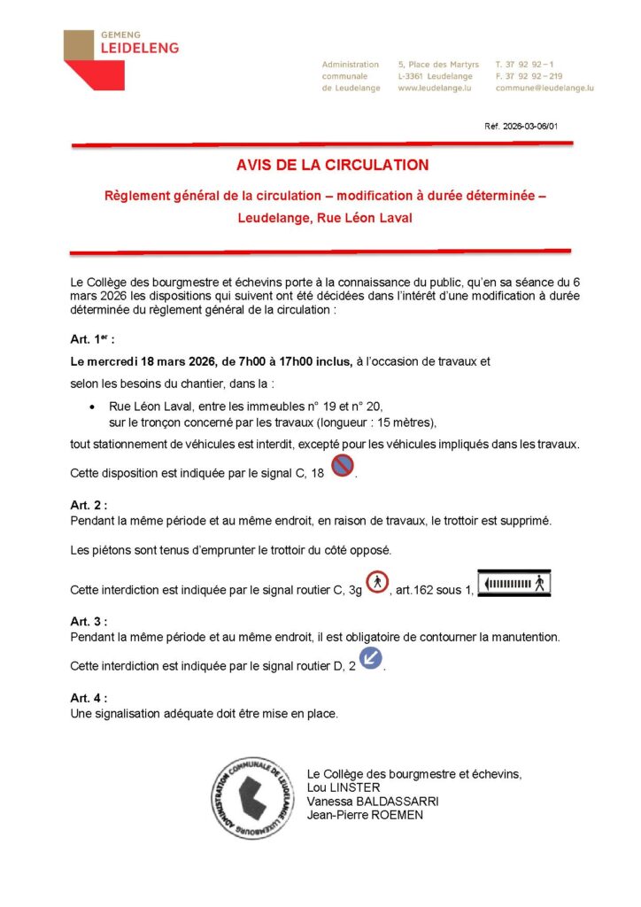Avis de circulation – Rue Léon Laval