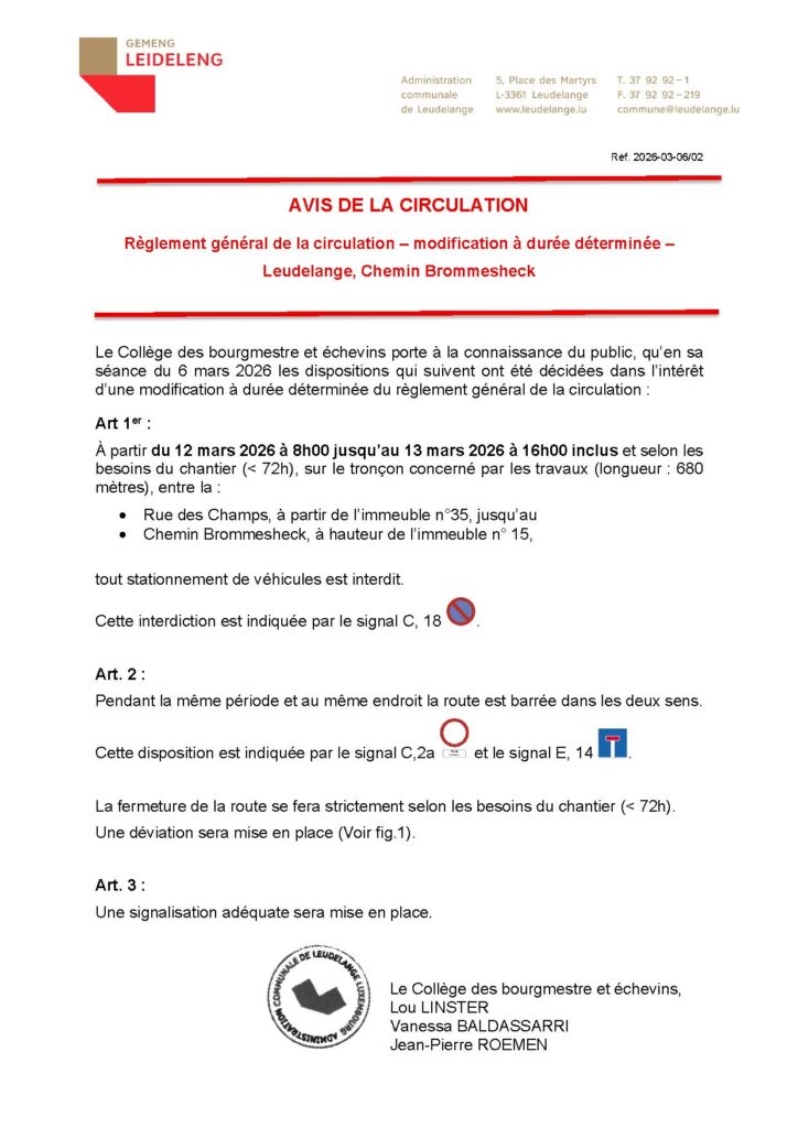 Avis de circulation – Chemin Brommesheck