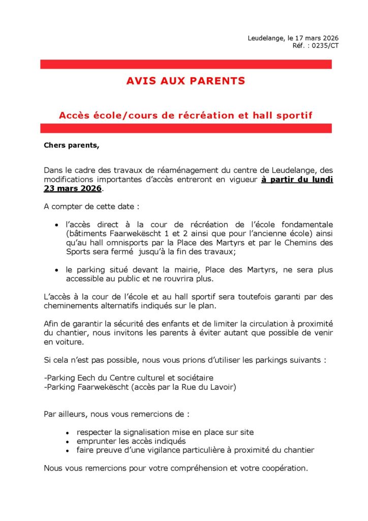 Avis – accès cours de récréation/ école et hall sportif