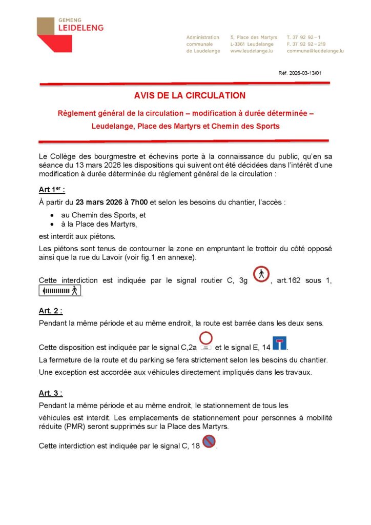 Avis de la Circulation: Place des Martyrs / Chemin des Sports