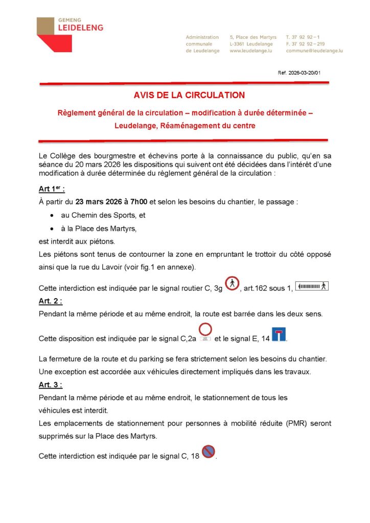 Avis de circulation – réaménagement du centre de Leudelange