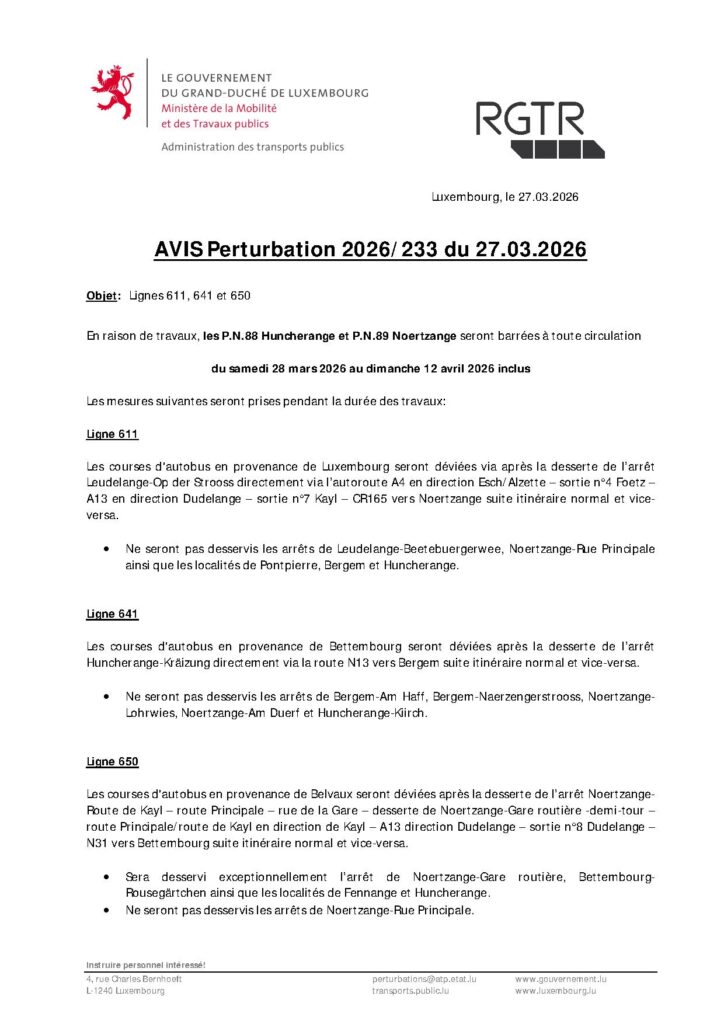 Avis RGTR – Lignes 611/641/650