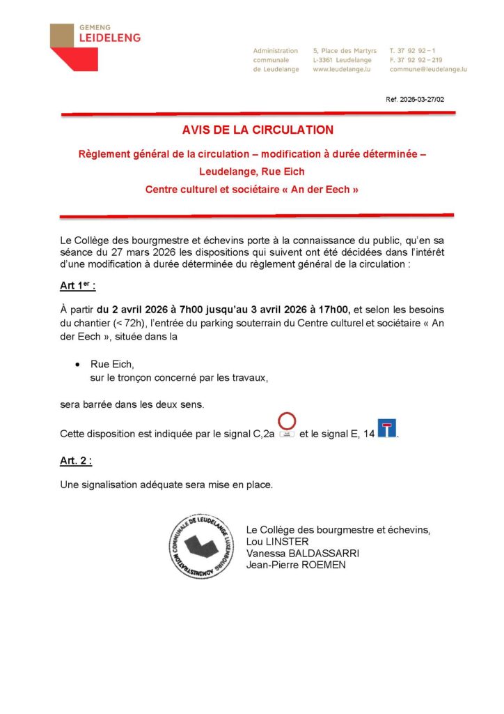Avis de circulation – modification à durée déterminée – Rue Eich