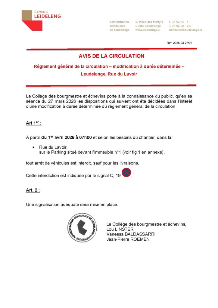 Avis de circulation – modification à durée déterminée – Rue du Lavoir