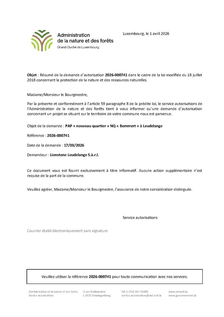 Demande d&rsquo;autorisation: PAP « nouveau quartier » NQ « Bommert » à Leudelange