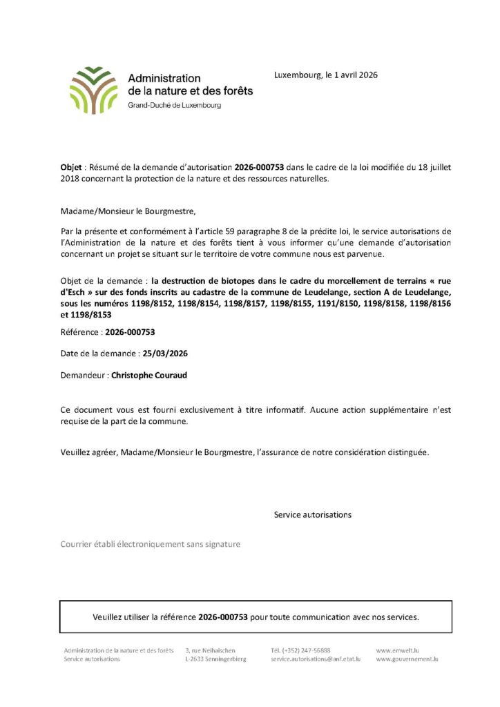 Demande d&rsquo;autorisation – destruction de biotopes – Rue d&rsquo;Esch