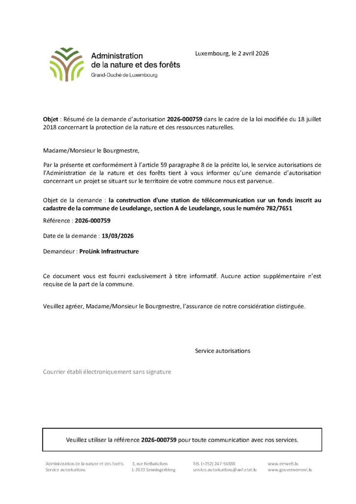 Demande d&rsquo;autorisation – construction station de télécommunication