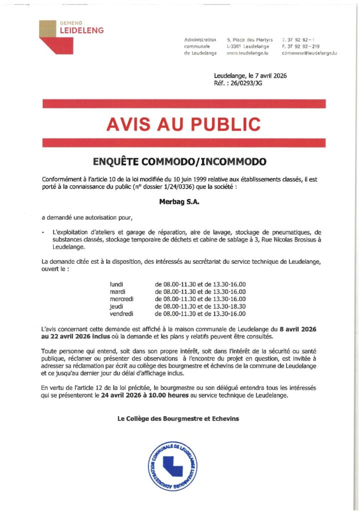 Enquête commodo/incommoco – Merbag S.A.