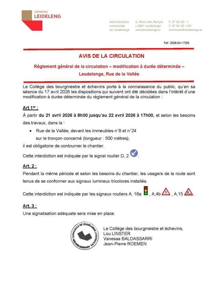 Avis de circulation – Rue de la Vallée