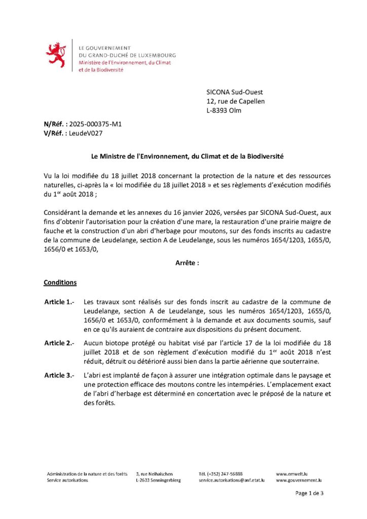 Autorisation pour la création d&rsquo;une mare, la restauration d&rsquo;une prairie