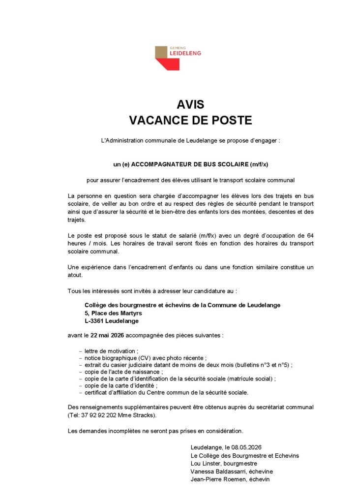 La Commune de Leudelange souhaite engager un accompagnateur de bus scolaire (m/f/x)