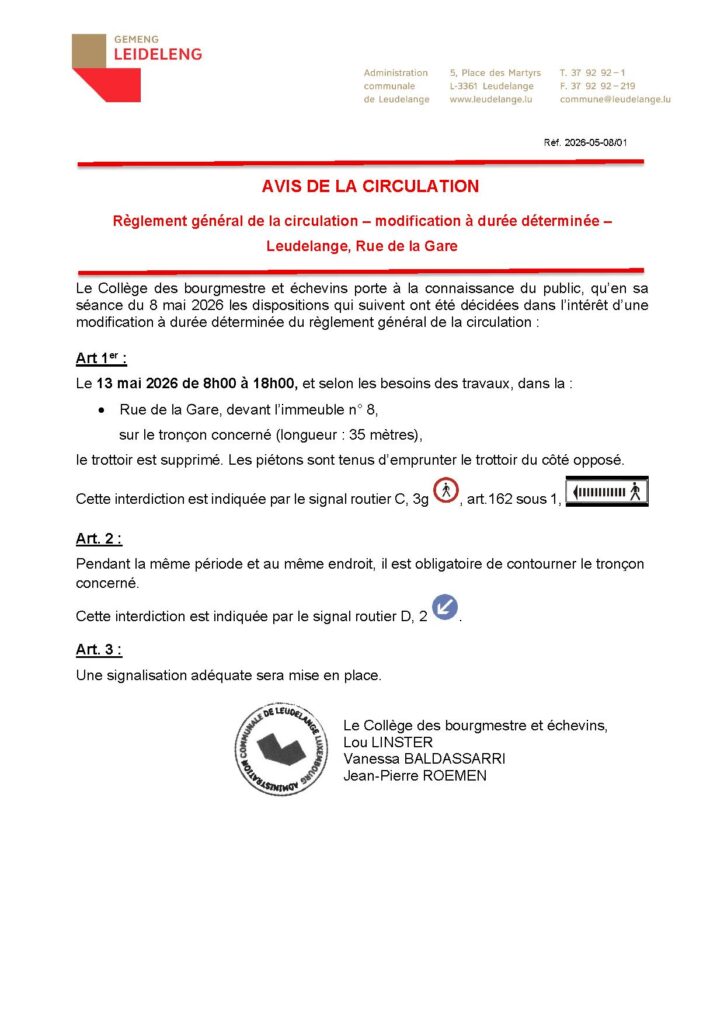 Avis de circulation – Rue de la Gare (13.05.26)